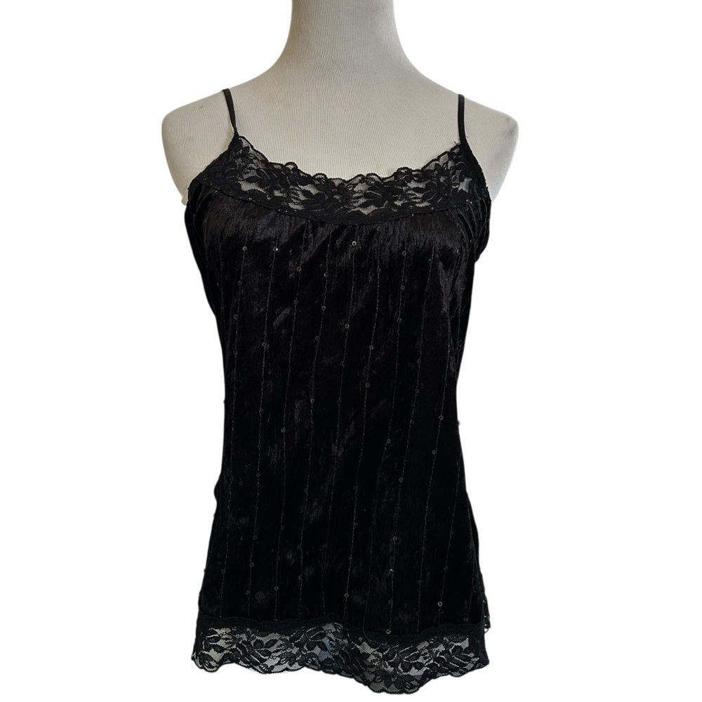 Vintage Lily White Black Velvet Lace Trim Cami Sequin Sparkle Top L Whimsigoth‎